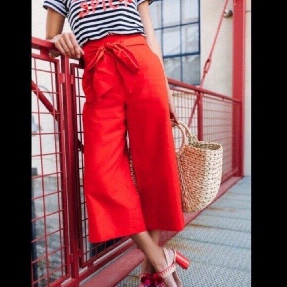 Kate Spade Slub Cotton Culotte HIGH Waist Bow Belt Wide Leg Crop Pants Size 4